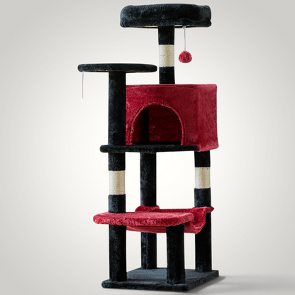 HappiFinds 44-inch cat climbing tower in red and black with sisal scratching posts, plush platforms, and hanging toys.