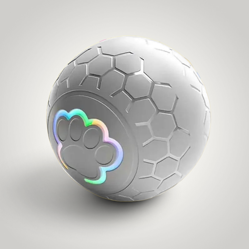 HappiFinds interactive dog toy ball with a white honeycomb texture and a glowing RGB paw print design