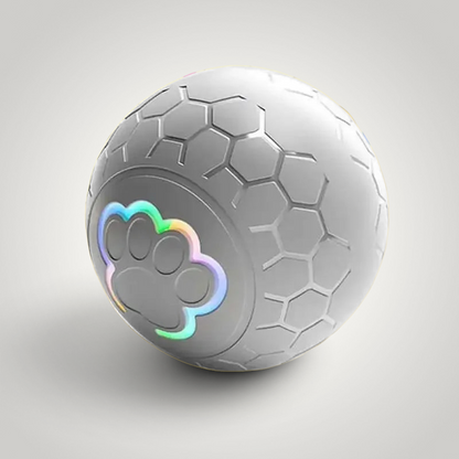HappiFinds interactive dog toy ball with a white honeycomb texture and a glowing RGB paw print design