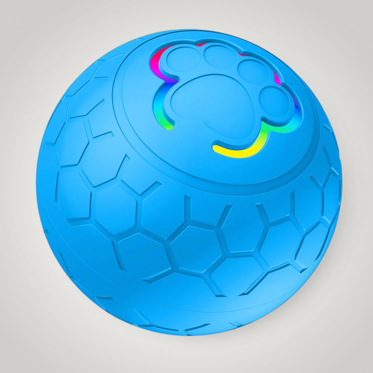 HappiFinds blue electric interactive dog toy ball with a paw print design and RGB light accents