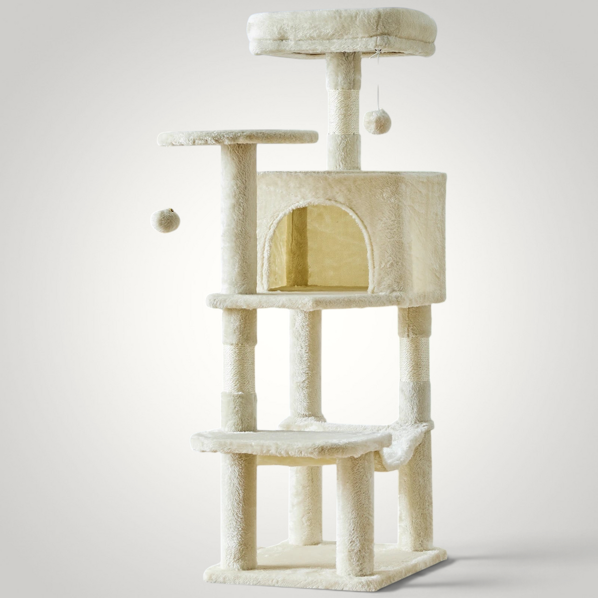 HappiFinds 44-inch beige cat climbing tower with plush platforms, sisal scratching posts, and hanging toy pom-poms.