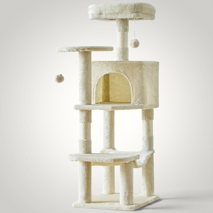 HappiFinds 44-inch beige cat climbing tower with plush platforms, sisal scratching posts, and hanging toy pom-poms.