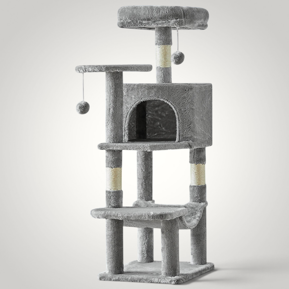 HappiFinds 44-inch light grey cat climbing tower with plush platforms, sisal scratching posts, and hanging toy balls.