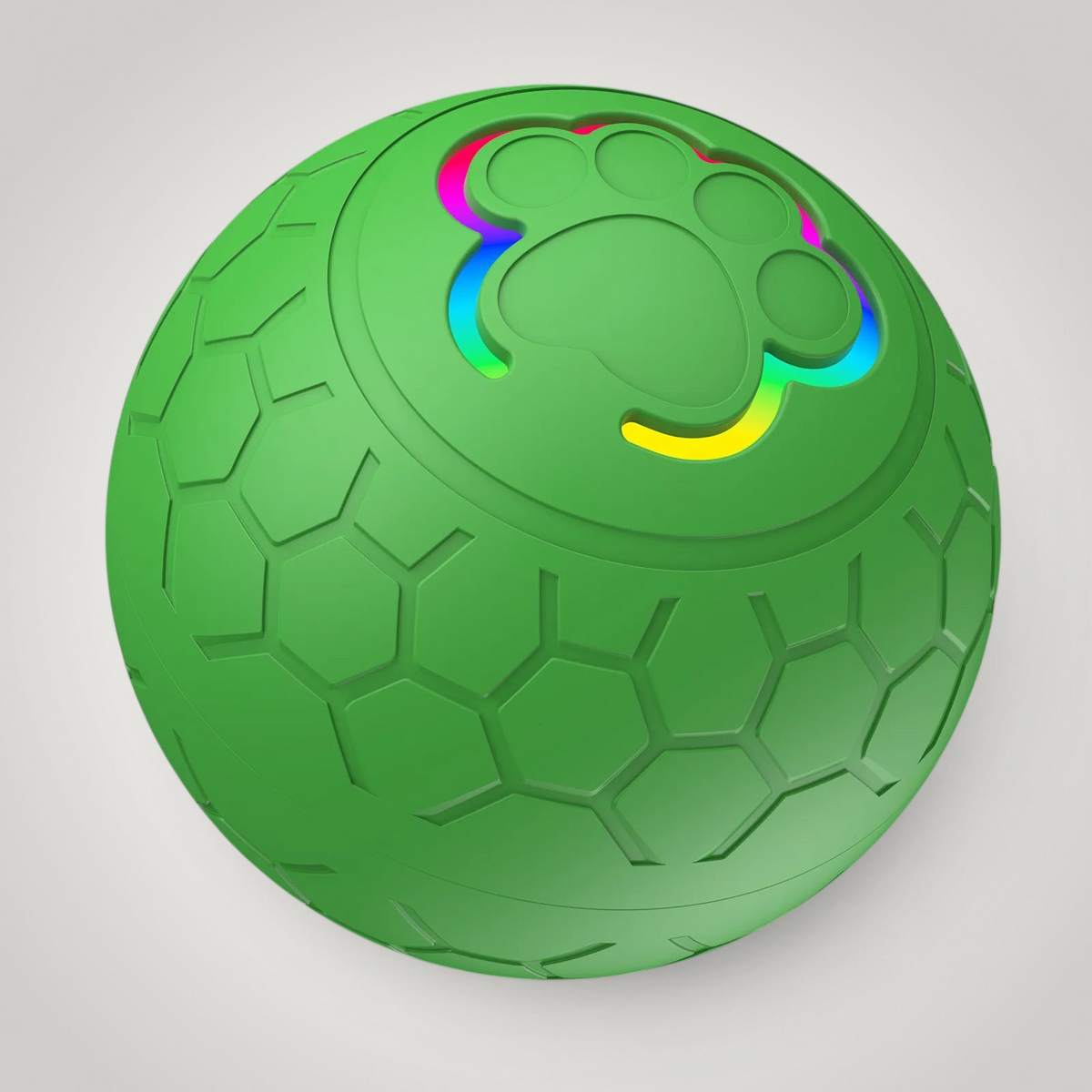 HappiFinds green electric interactive dog toy ball with a paw print design and glowing RGB lights