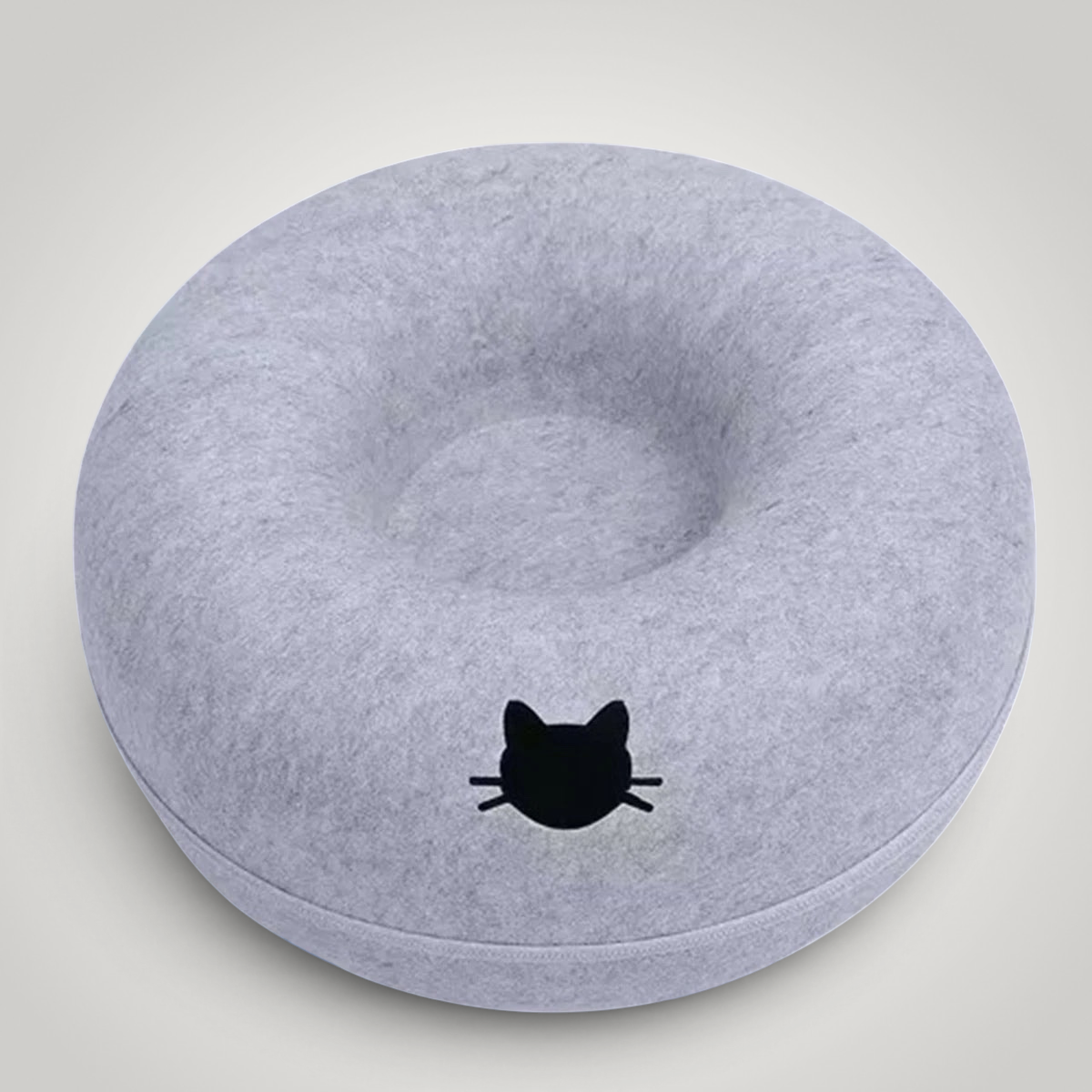 HappiFinds light gray felt donut cat tunnel nest with a black cat head design for cozy pet lounging and play