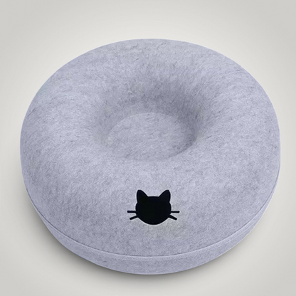 HappiFinds light gray felt donut cat tunnel nest with a black cat head design for cozy pet lounging and play