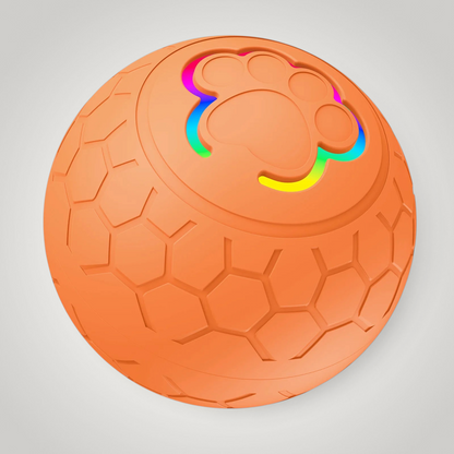 HappiFinds orange interactive dog toy ball with a paw print design and RGB lights for automatic rolling and bouncing
