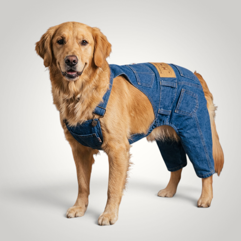 HappiFinds dog overalls in classic blue cotton-denim worn by a golden retriever standing on a table with fall decor.