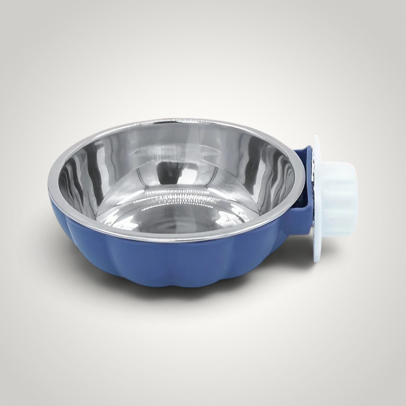 HappiFinds blue pumpkin-shaped pet bowl with a stainless steel interior and a screw-on cage mounting mechanism.