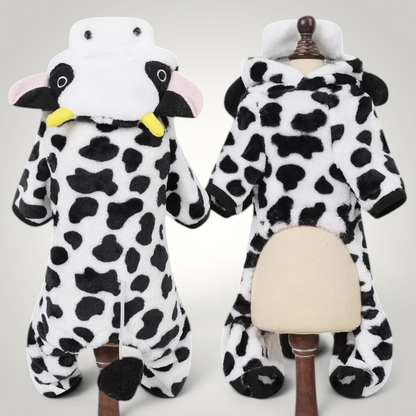 HappiFinds cow-patterned plush fleece dog jumpsuit with a hooded animal face and tail for small to medium pets.