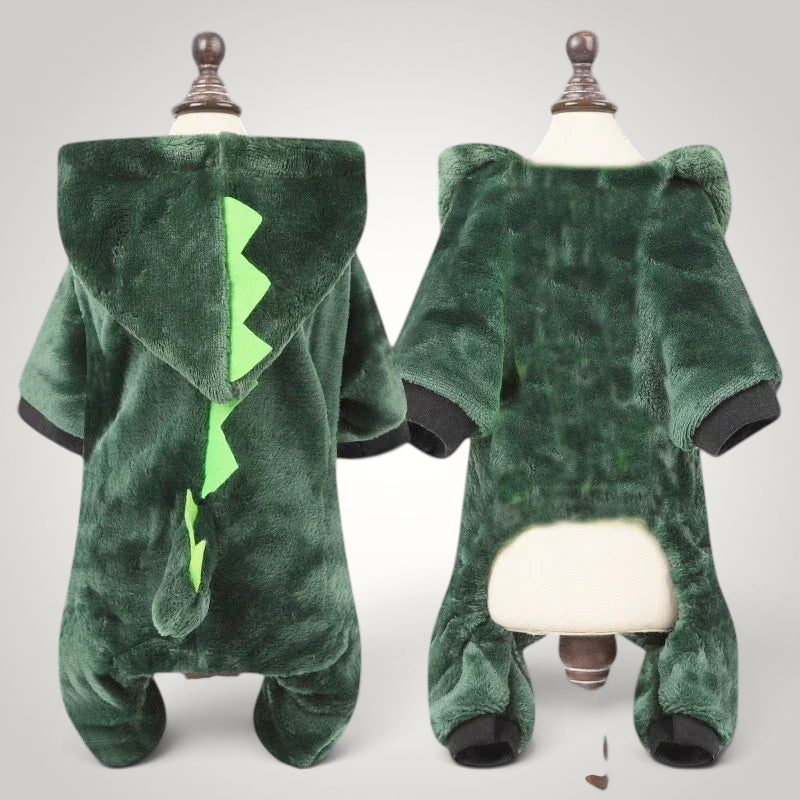 HappiFinds green plush dinosaur dog jumpsuit with a hooded back featuring lime green spikes and a tail