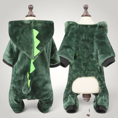 HappiFinds green plush dinosaur dog jumpsuit with a hooded back featuring lime green spikes and a tail