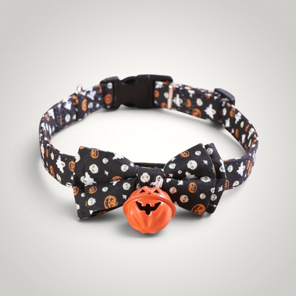 HappiFinds black Halloween cat collar with ghost and pumpkin print, bow tie, and orange pumpkin jingle bell charm.