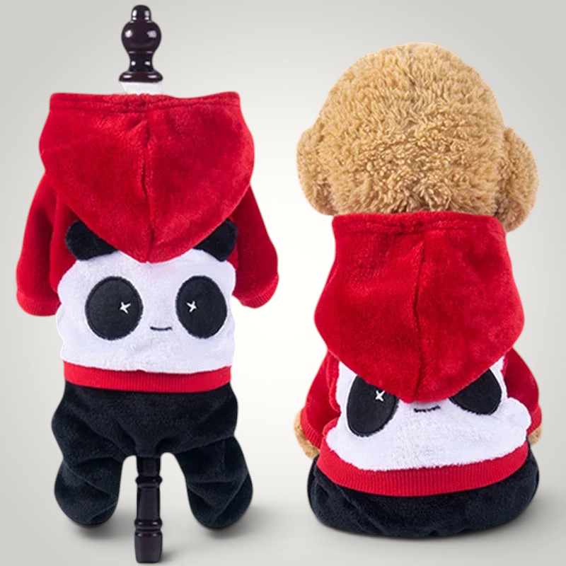 HappiFinds plush panda dog pajama jumpsuit in red, white, and black fleece with a cozy hood for small pets