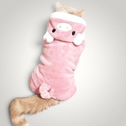 HappiFinds pink plush pig dog pajama jumpsuit with a cute animal hood and curly tail for small pets