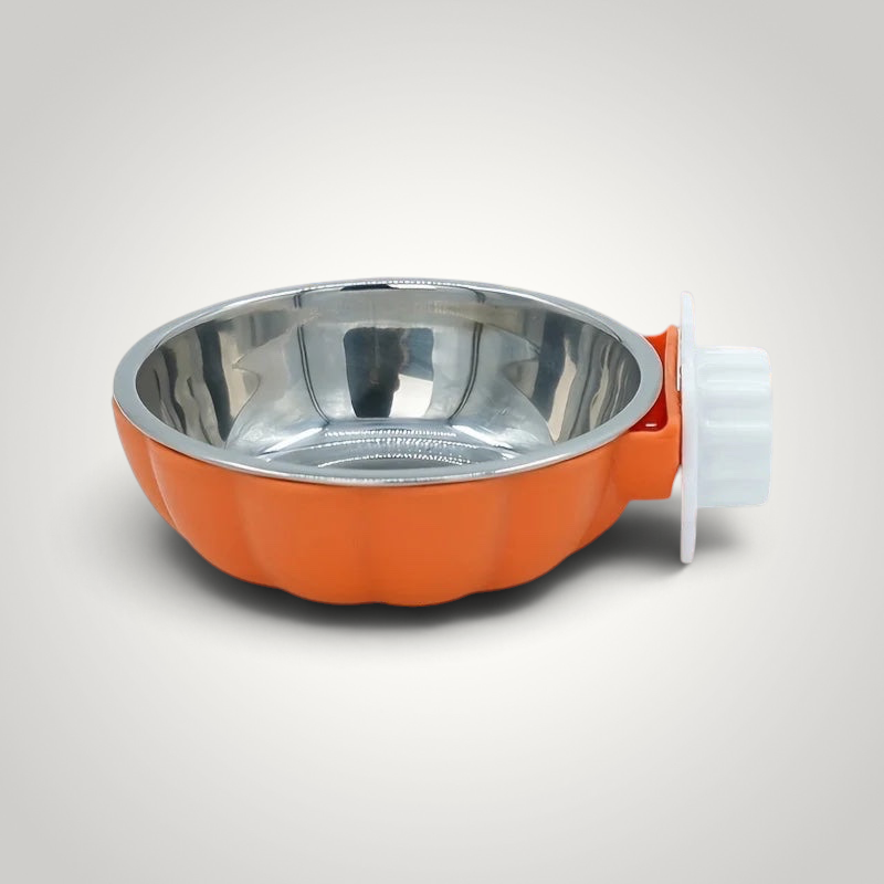 HappiFinds pumpkin-shaped pet bowl with a stainless steel interior and orange exterior, featuring a cage mount.