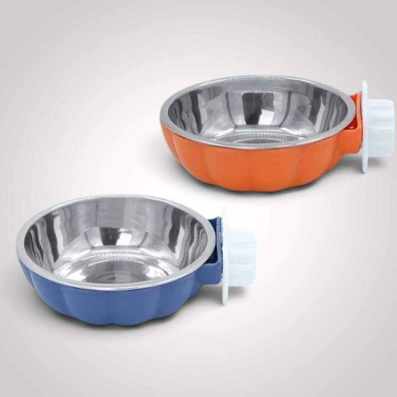 HappiFinds pumpkin shaped stainless steel pet bowls in orange and blue with secure cage mounting mechanisms.