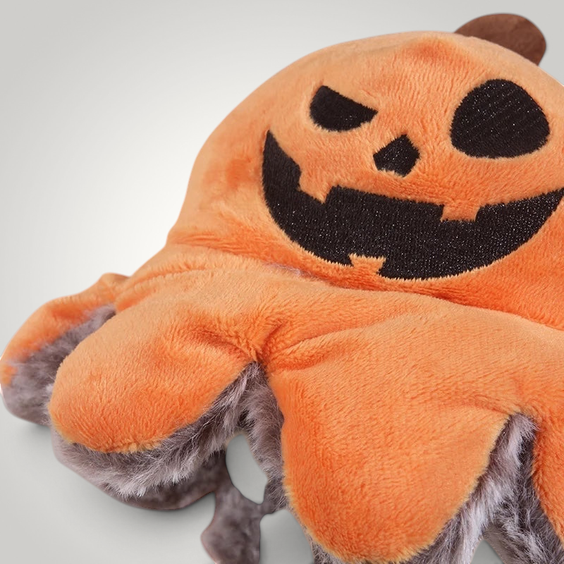 HappiFinds reversible plush pumpkin octopus pet toy with a soft orange jack-o'-lantern face for Halloween play