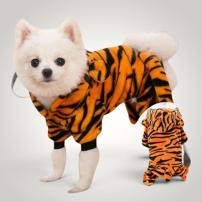 HappiFinds plush tiger-striped fleece dog jumpsuit with a hood, worn by a small white dog.