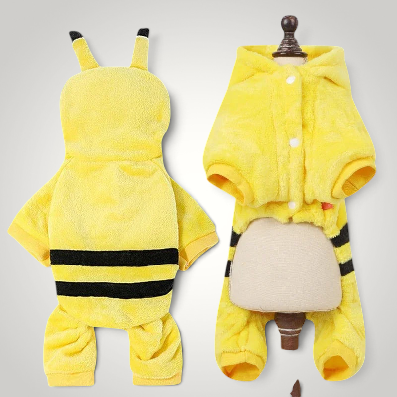 HappiFinds yellow bee-themed plush fleece dog jumpsuit with a hooded design and black stripes for small pets