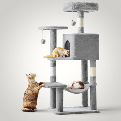 HappiFinds 44-inch light grey cat climbing tower with sisal scratching posts, plush platforms, and hanging toy balls.