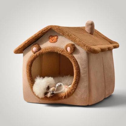 HappiFinds tea brown foldable plush pet house with a small white dog sleeping inside, featuring a cute bear motif.