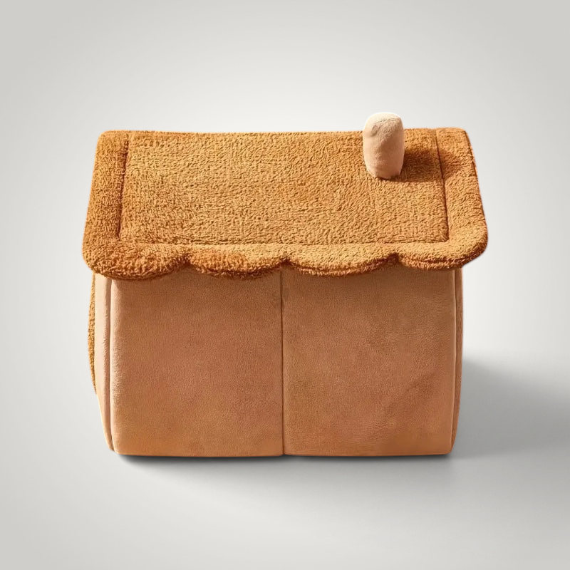 HappiFinds tea brown foldable pet house for dogs and cats with a soft textured roof and chimney