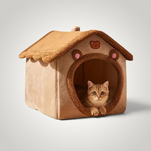 HappiFinds tea brown foldable pet house with a plush roof and a cat resting inside