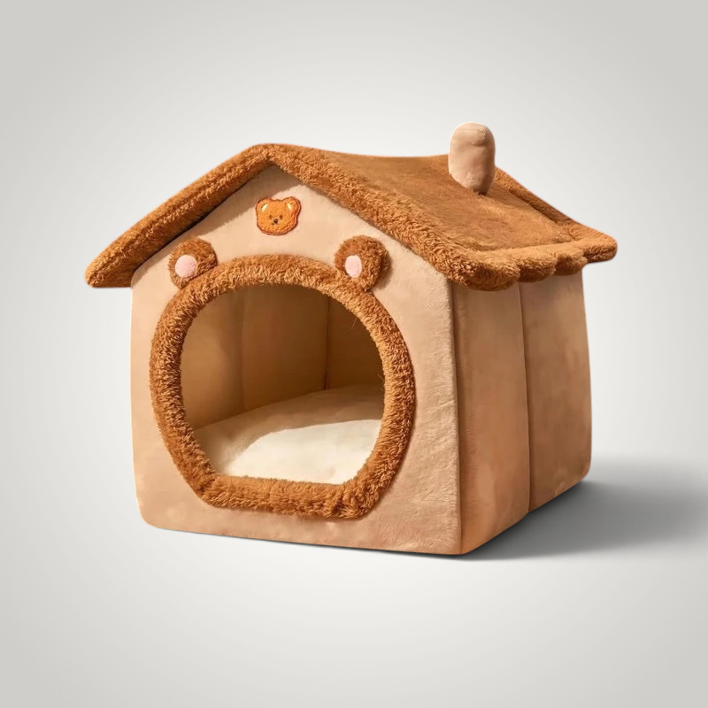 HappiFinds tea brown foldable pet house with a plush bear-themed roof and removable washable cover for small pets
