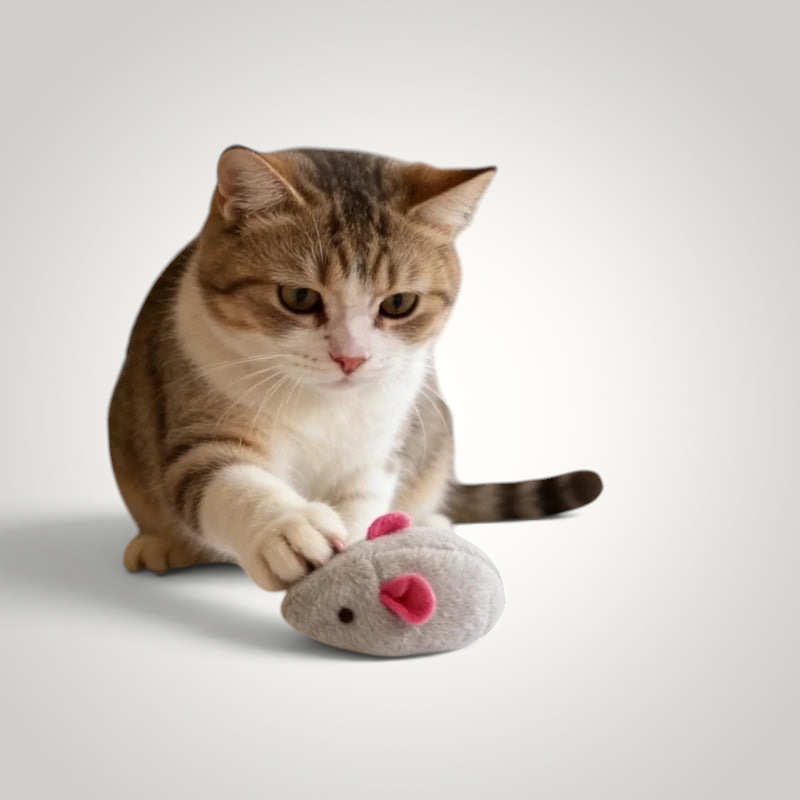 HappiFinds gray plush catnip mouse toy with pink ears being played with by a tabby cat
