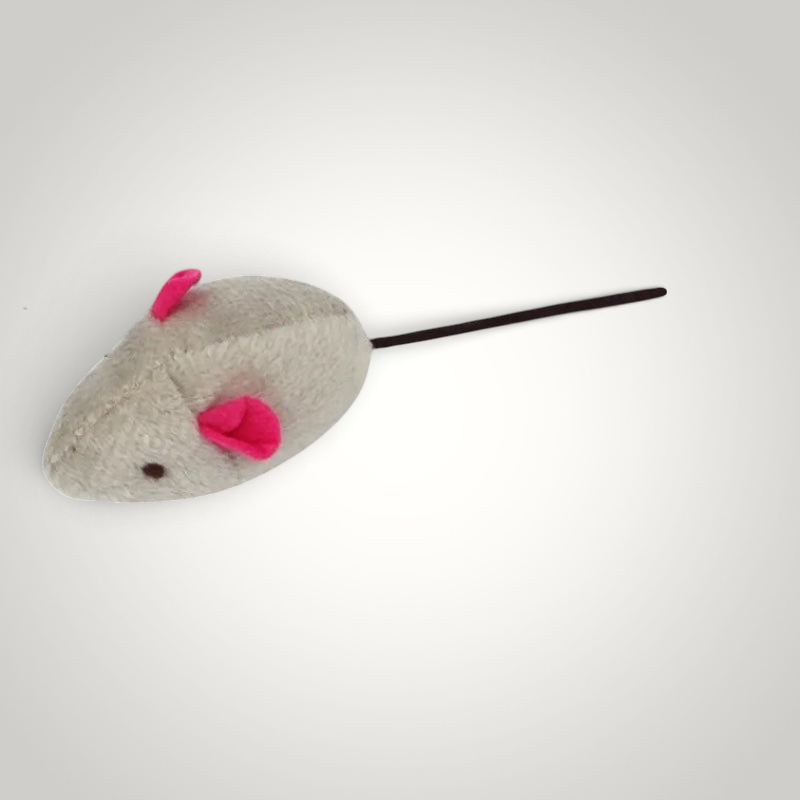 HappiFinds gray plush catnip mouse toy with bright pink ears and a long tail for interactive feline play