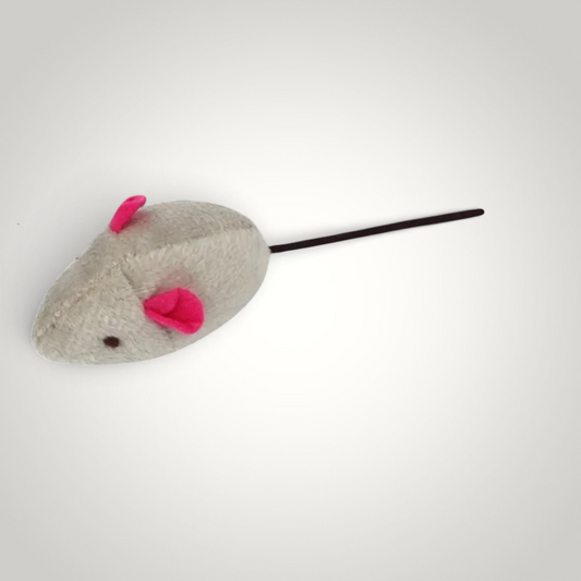 HappiFinds gray plush catnip mouse toy with bright pink ears and a long tail for interactive feline play